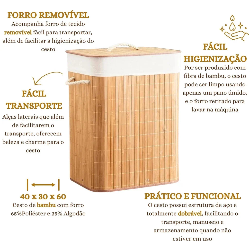 Cesto de Roupa Suja 70 Litros Lavanderia Bambu c/ Tampa