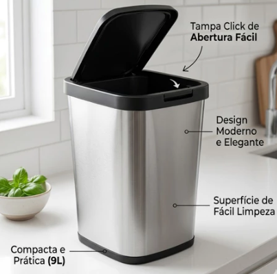 Lixeira Inox 9L Tampa Click Moderna
