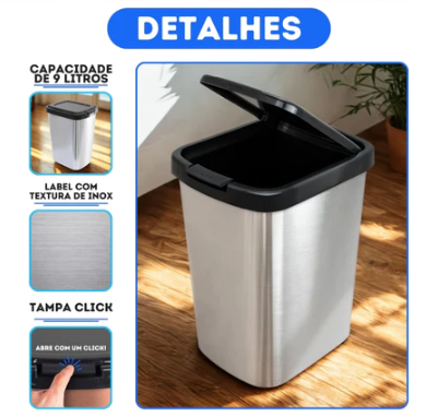 Lixeira Inox 9L Tampa Click Moderna