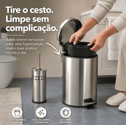 Lixeira Inox 3/5/12L Escova Sanitária • Cesto com Balde
