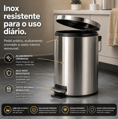 Lixeira Inox 3/5/12L Escova Sanitária • Cesto com Balde