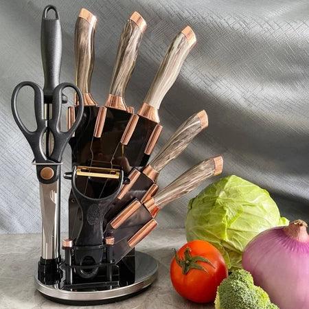 Kit 8 Facas com Base Giratória em Aço Inox