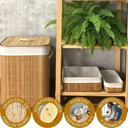Cesto de Roupa Suja 70 Litros Lavanderia Bambu c/ Tampa