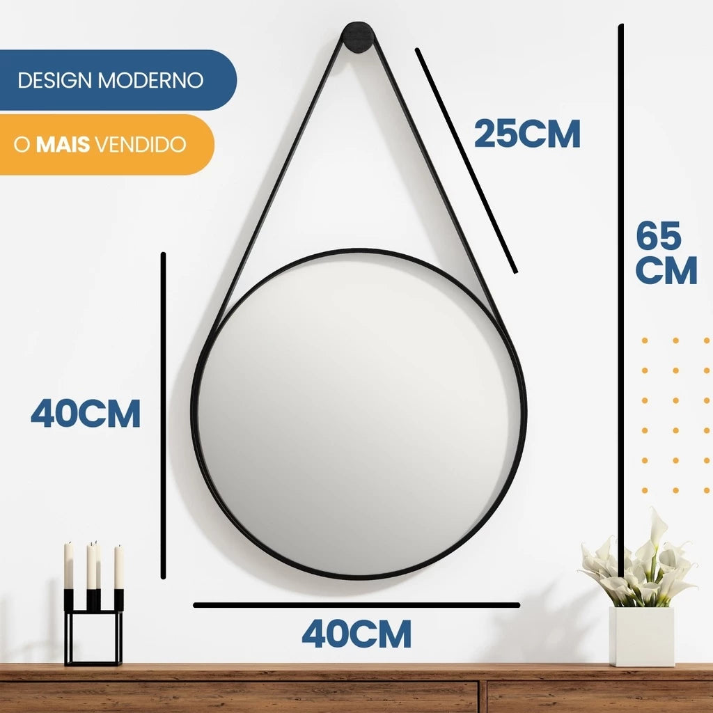 Espelho Redondo Claire 40cm | Alça Couro